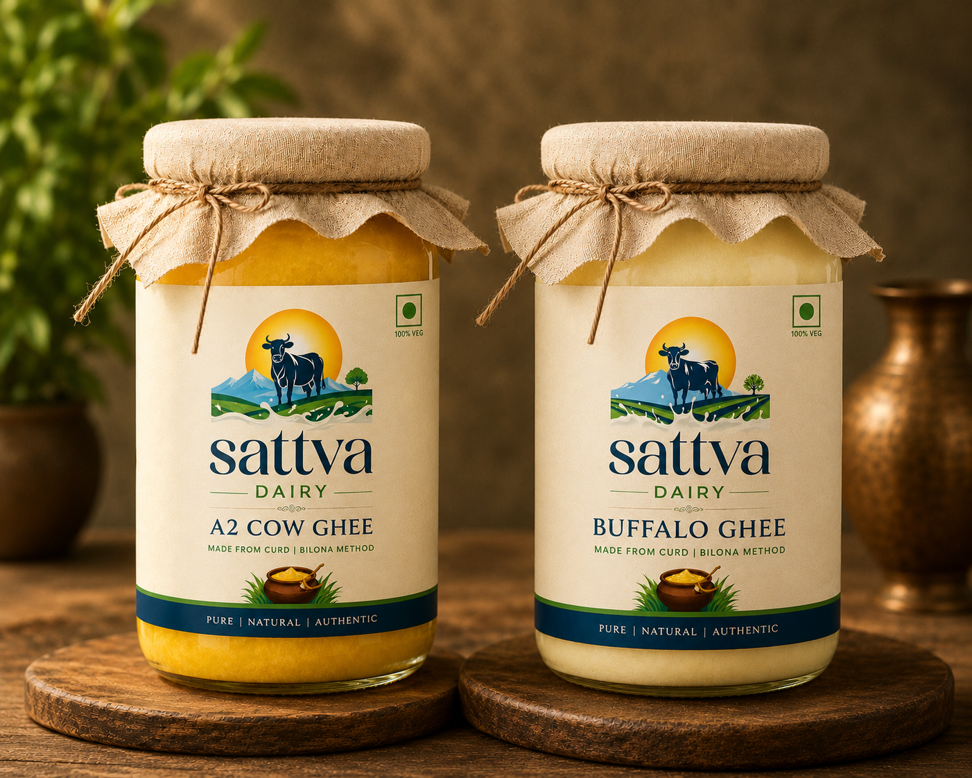 Sattva Dairy A2 Cow Ghee and Buffalo Ghee jars